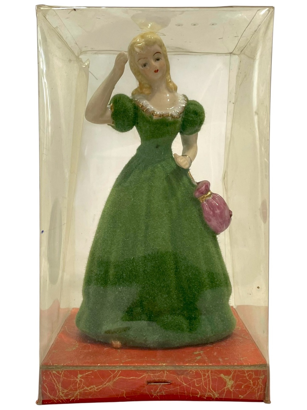 Vintage 1960s Flocked Green Dress Kitschy Porcelain Figurine - Made in Japan